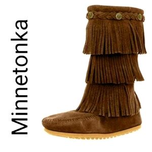 NEW! MINNETONKA Kids Big Girls Brown Leather Suede Tiered Fringe Boots 7.